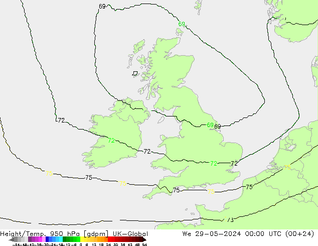 Height/Temp. 950 hPa UK-Global St 29.05.2024 00 UTC