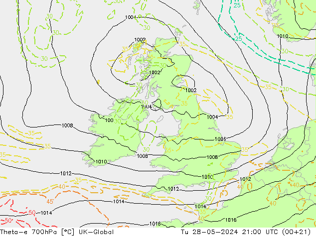 Theta-e 700гПа UK-Global вт 28.05.2024 21 UTC