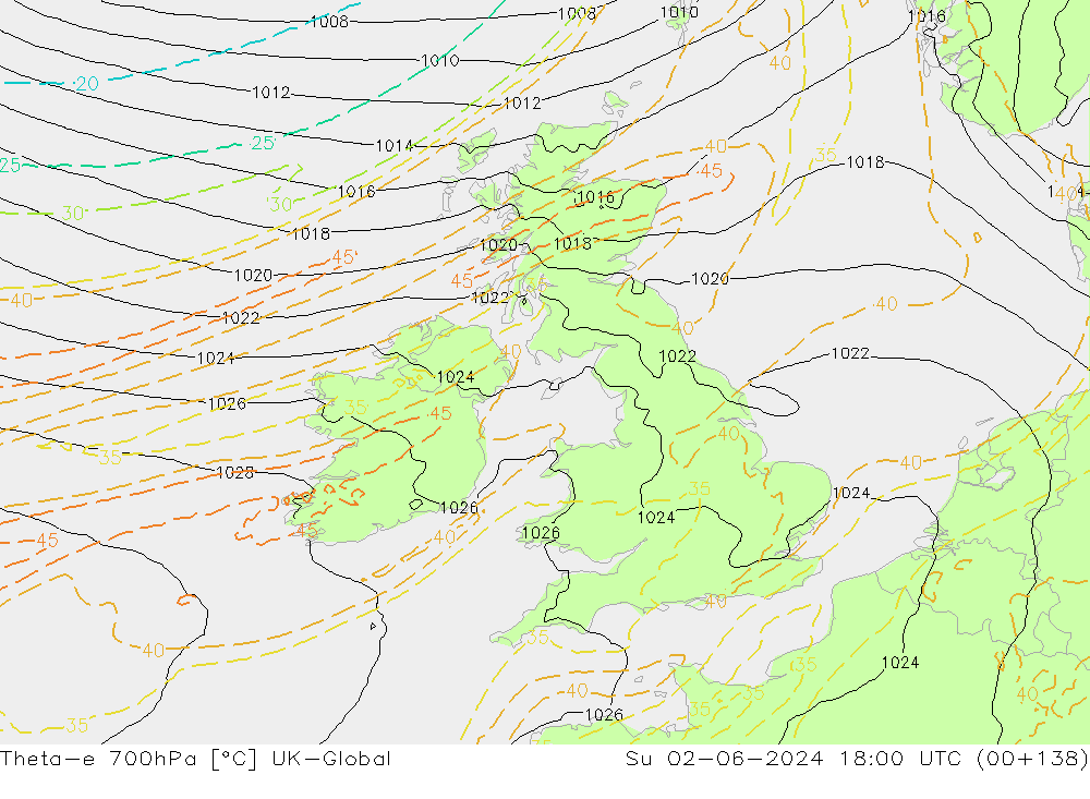 Theta-e 700hPa UK-Global Su 02.06.2024 18 UTC