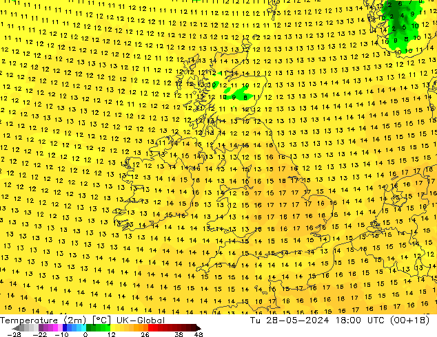 Temperatuurkaart (2m) UK-Global di 28.05.2024 18 UTC