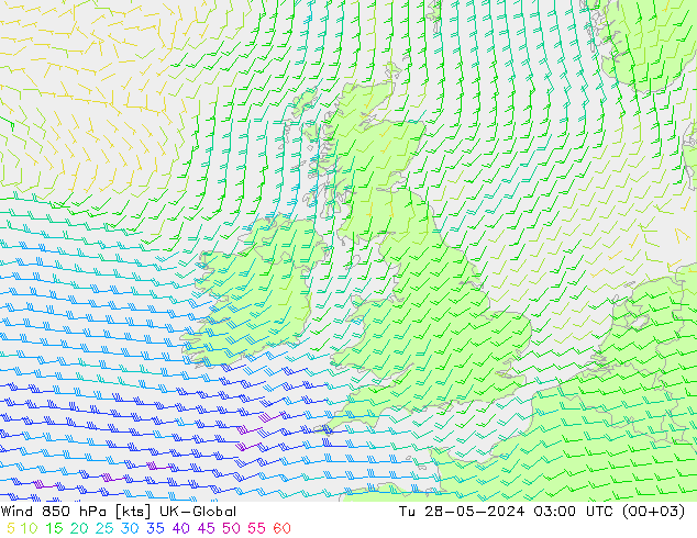 Wind 850 hPa UK-Global Út 28.05.2024 03 UTC