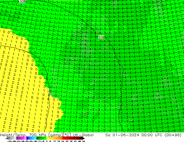 Height/Temp. 700 hPa UK-Global Sa 01.06.2024 00 UTC