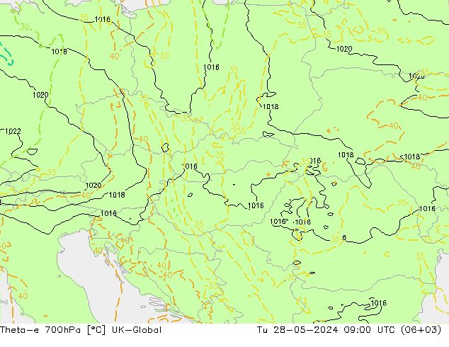 Theta-e 700hPa UK-Global Út 28.05.2024 09 UTC