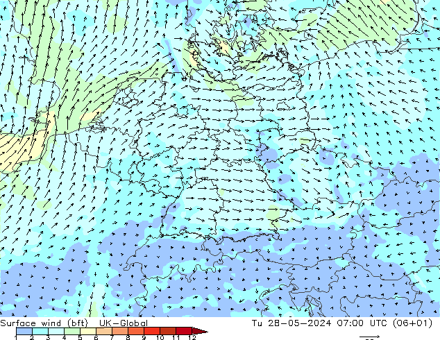 Surface wind (bft) UK-Global Út 28.05.2024 07 UTC
