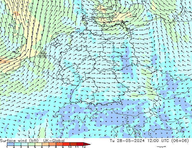 Wind 10 m (bft) UK-Global di 28.05.2024 12 UTC