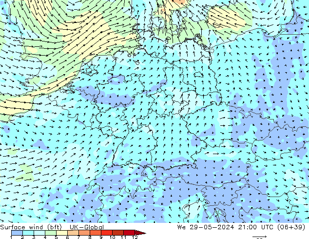 Rüzgar 10 m (bft) UK-Global Çar 29.05.2024 21 UTC