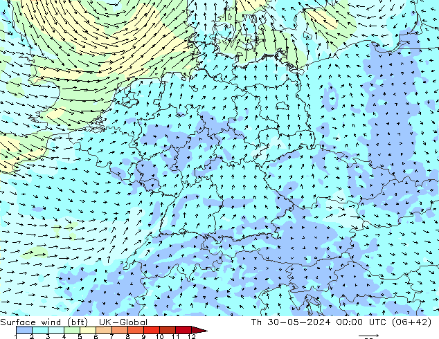Surface wind (bft) UK-Global Čt 30.05.2024 00 UTC