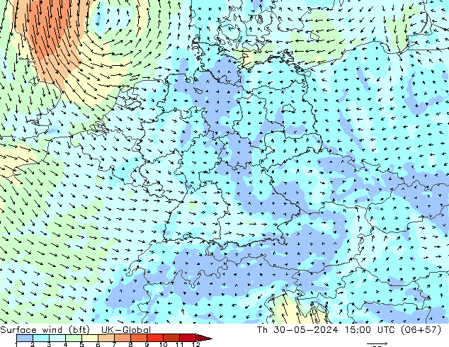 Vento 10 m (bft) UK-Global Qui 30.05.2024 15 UTC