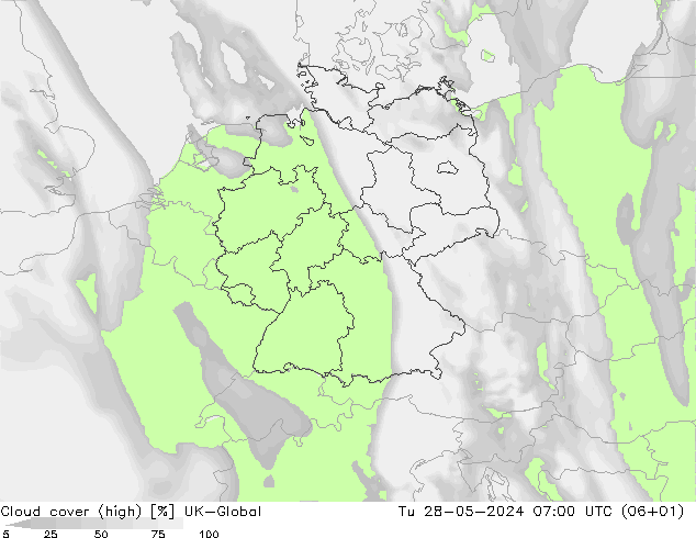 Cloud cover (high) UK-Global Tu 28.05.2024 07 UTC