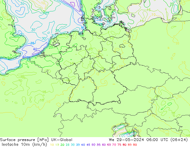 Isotachen (km/h) UK-Global Mi 29.05.2024 06 UTC