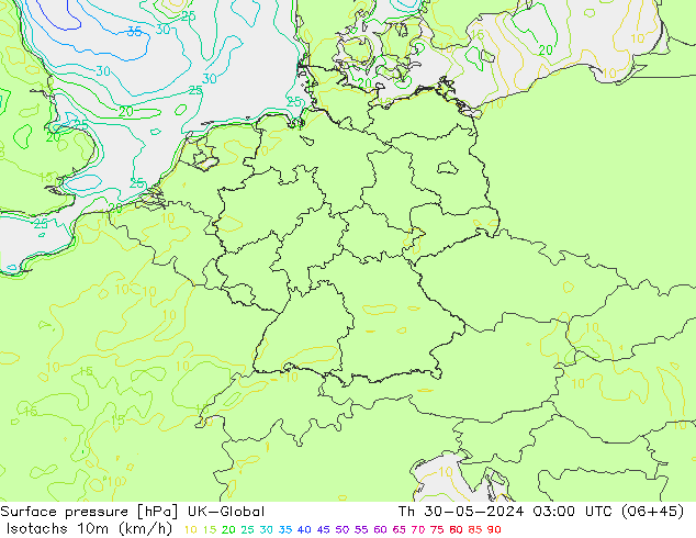 Izotacha (km/godz) UK-Global czw. 30.05.2024 03 UTC