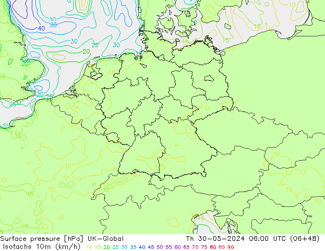 Isotachs (kph) UK-Global Qui 30.05.2024 06 UTC