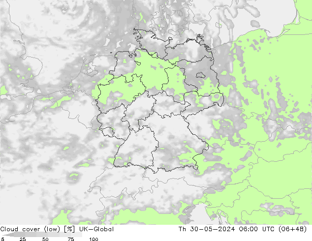 Cloud cover (low) UK-Global Th 30.05.2024 06 UTC