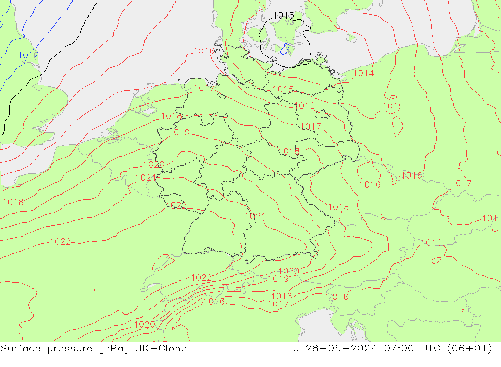 地面气压 UK-Global 星期二 28.05.2024 07 UTC