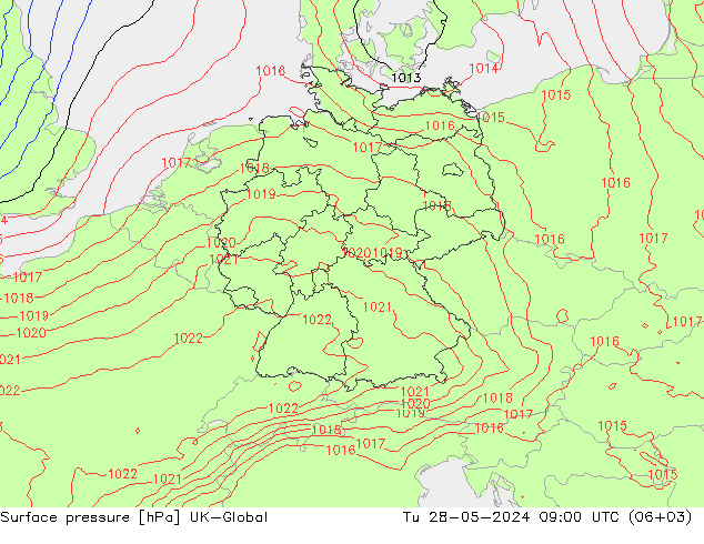 Atmosférický tlak UK-Global Út 28.05.2024 09 UTC