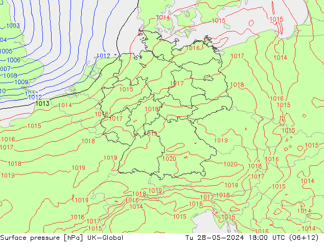 Surface pressure UK-Global Tu 28.05.2024 18 UTC