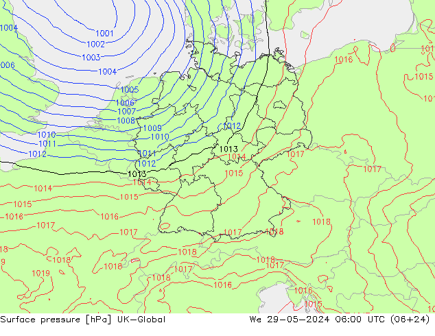 Pressione al suolo UK-Global mer 29.05.2024 06 UTC