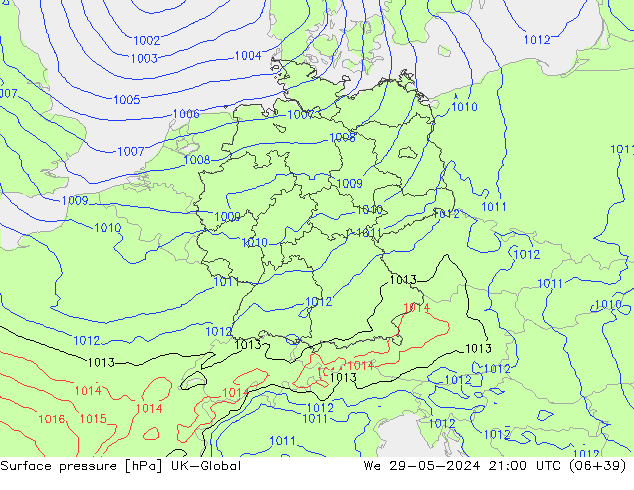 Surface pressure UK-Global We 29.05.2024 21 UTC