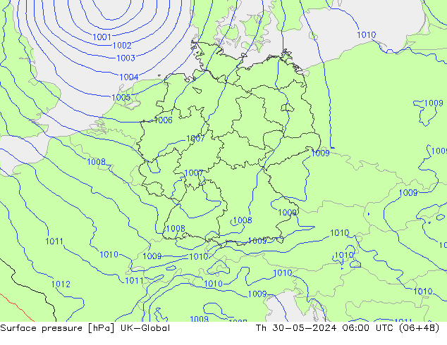 Atmosférický tlak UK-Global Čt 30.05.2024 06 UTC