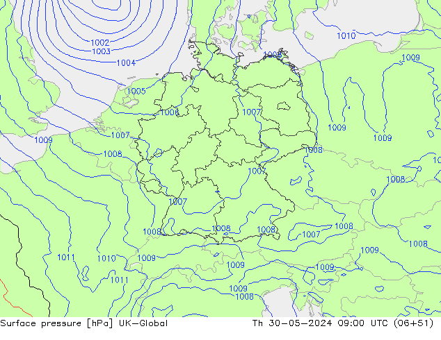 Surface pressure UK-Global Th 30.05.2024 09 UTC