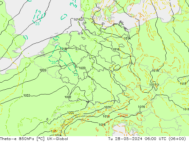 Theta-e 850hPa UK-Global 星期二 28.05.2024 06 UTC