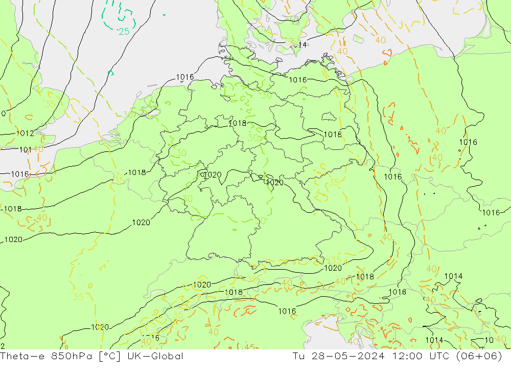 Theta-e 850hPa UK-Global mar 28.05.2024 12 UTC