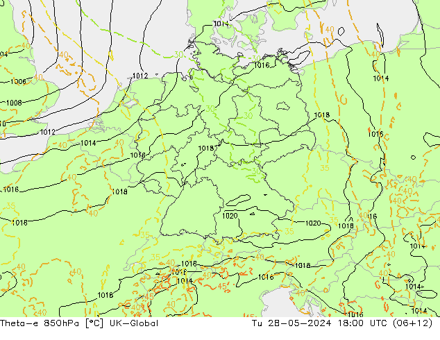Theta-e 850hPa UK-Global Tu 28.05.2024 18 UTC