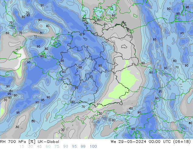 700 hPa Nispi Nem UK-Global Çar 29.05.2024 00 UTC