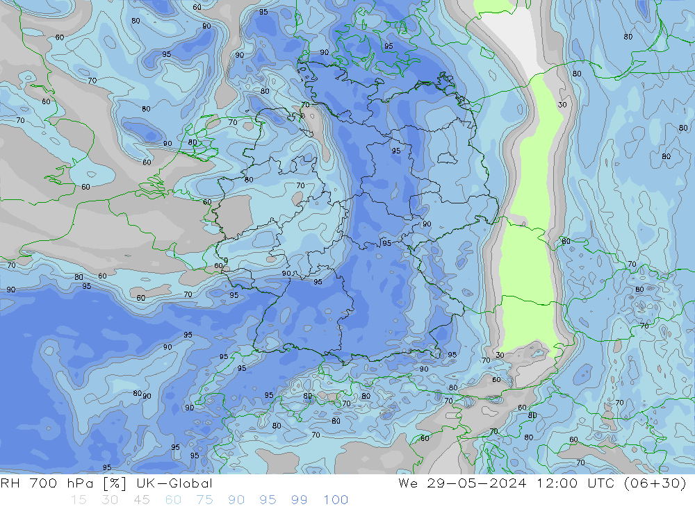 Humidité rel. 700 hPa UK-Global mer 29.05.2024 12 UTC