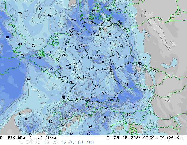 RH 850 гПа UK-Global вт 28.05.2024 07 UTC