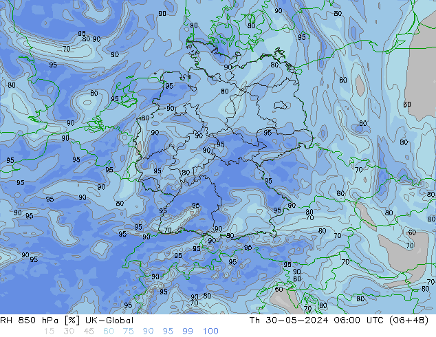 RH 850 hPa UK-Global Qui 30.05.2024 06 UTC