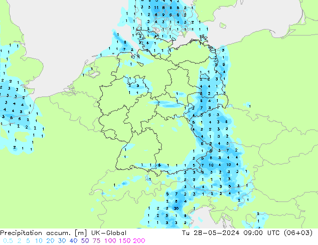 Precipitation accum. UK-Global 星期二 28.05.2024 09 UTC