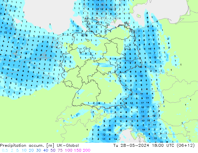 Precipitation accum. UK-Global Tu 28.05.2024 18 UTC