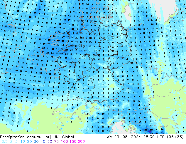 Precipitation accum. UK-Global Qua 29.05.2024 18 UTC