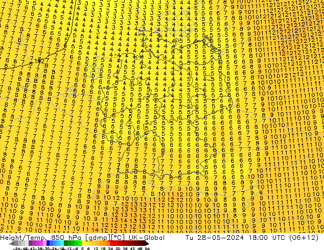 Height/Temp. 850 hPa UK-Global Út 28.05.2024 18 UTC