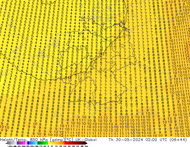 Yükseklik/Sıc. 850 hPa UK-Global Per 30.05.2024 02 UTC