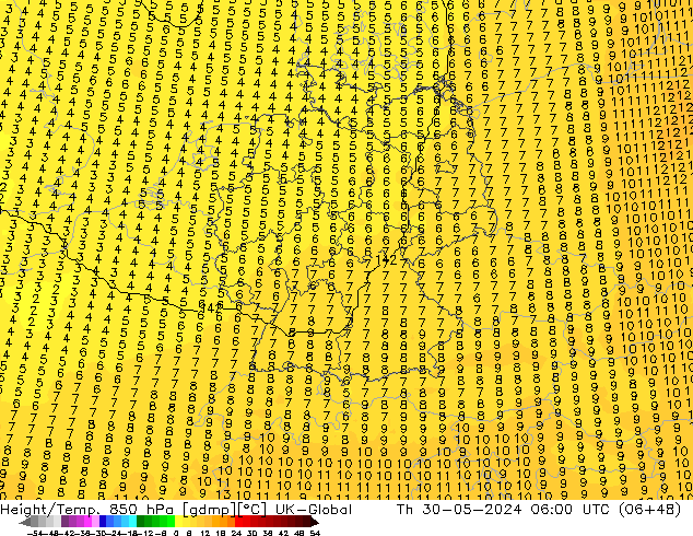 Height/Temp. 850 hPa UK-Global Th 30.05.2024 06 UTC