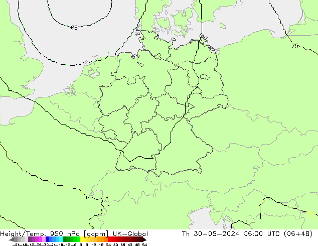 Height/Temp. 950 hPa UK-Global czw. 30.05.2024 06 UTC