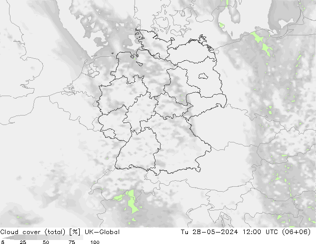 Bewolking (Totaal) UK-Global di 28.05.2024 12 UTC