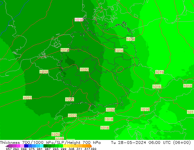 Thck 700-1000 hPa UK-Global mar 28.05.2024 06 UTC