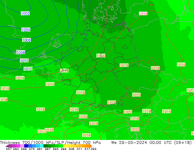 Thck 700-1000 hPa UK-Global St 29.05.2024 00 UTC