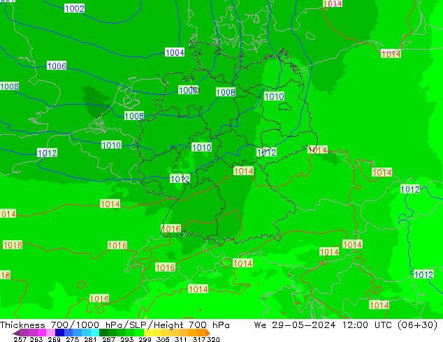 Thck 700-1000 hPa UK-Global We 29.05.2024 12 UTC