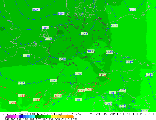 Dikte700-1000 hPa UK-Global wo 29.05.2024 21 UTC