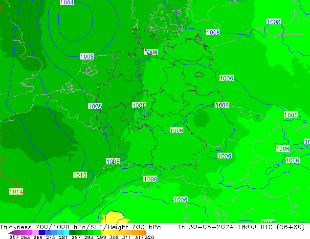 Thck 700-1000 гПа UK-Global чт 30.05.2024 18 UTC