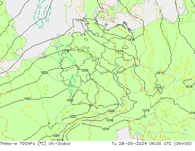 Theta-e 700hPa UK-Global 星期二 28.05.2024 06 UTC