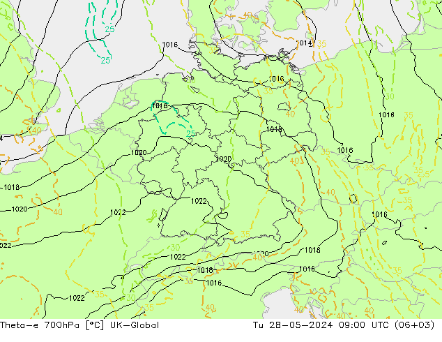Theta-e 700hPa UK-Global wto. 28.05.2024 09 UTC