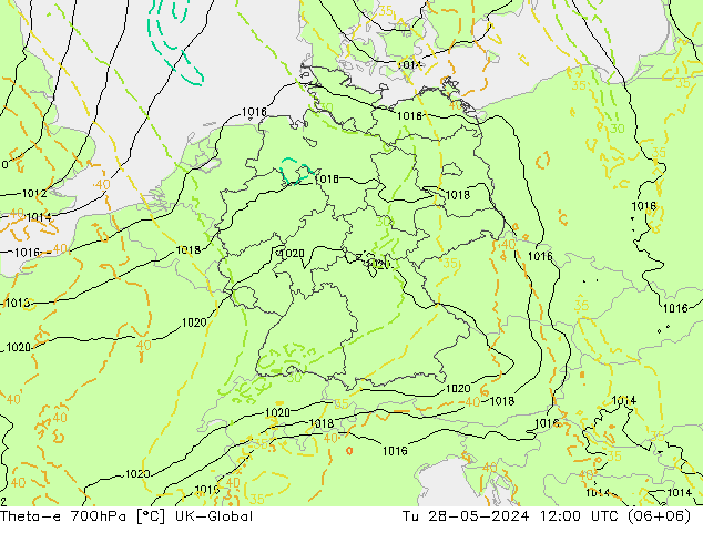 Theta-e 700hPa UK-Global Tu 28.05.2024 12 UTC