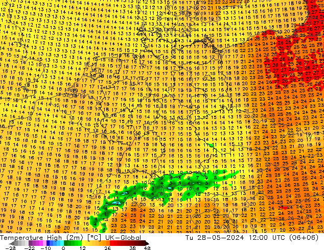 Nejvyšší teplota (2m) UK-Global Út 28.05.2024 12 UTC