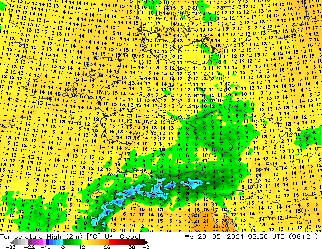 Temperature High (2m) UK-Global 星期三 29.05.2024 03 UTC