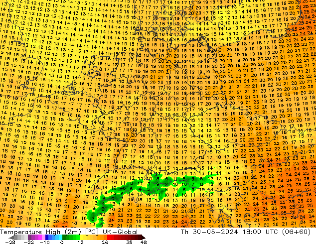 Temp. massima (2m) UK-Global gio 30.05.2024 18 UTC